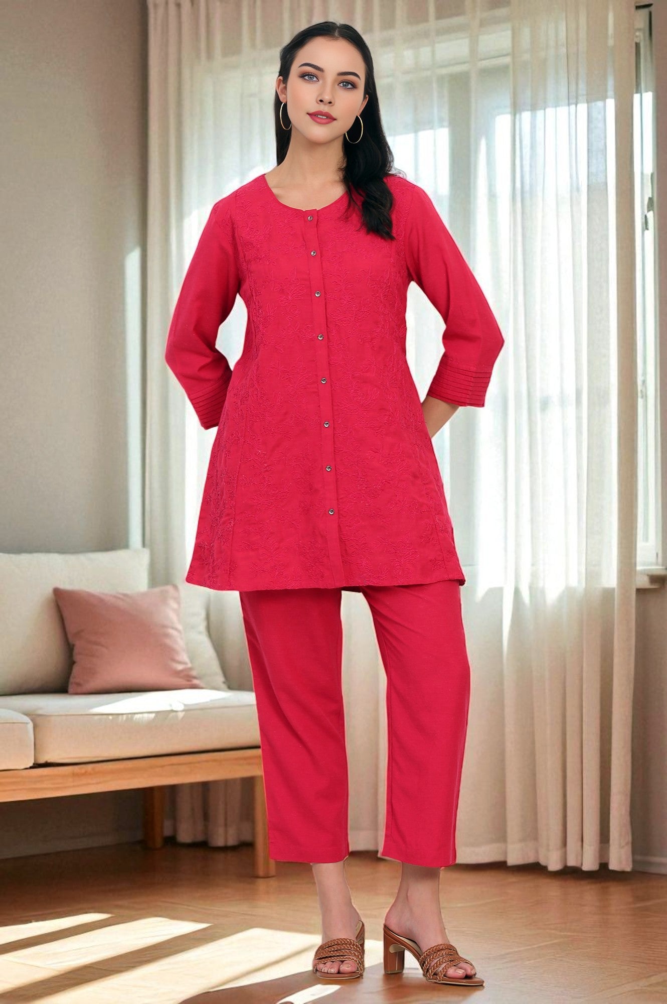 W for Woman Red Solid Embroidered Rayon Flax A-line Tunic and Straight Pants Co-ord Set