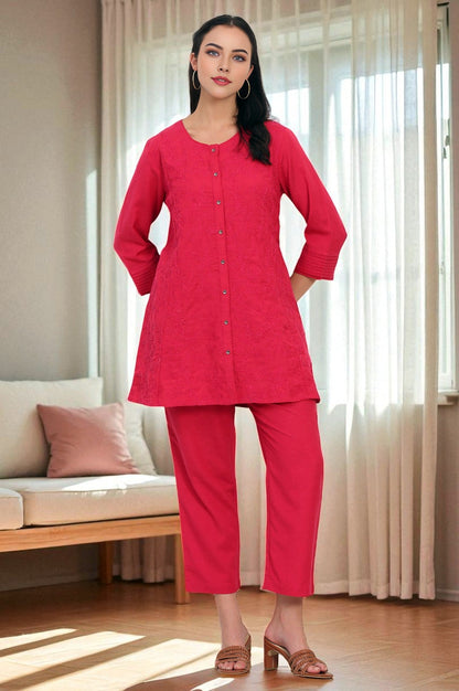 W for Woman Red Solid Embroidered Rayon Flax A-line Tunic and Straight Pants Co-ord Set