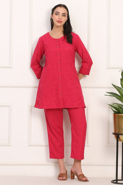 W for Woman Red Solid Embroidered Rayon Flax A-line Tunic and Straight Pants Co-ord Set