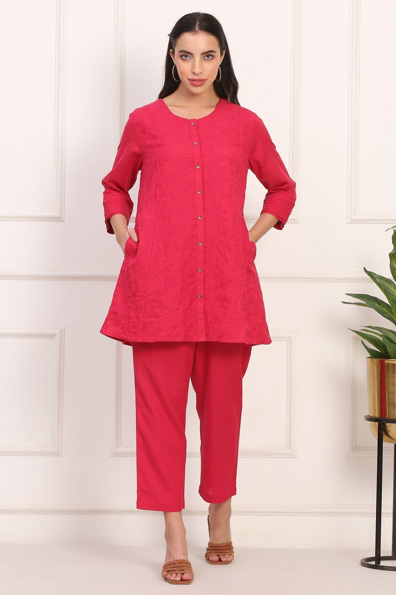 W for Woman Red Solid Embroidered Rayon Flax A-line Tunic and Straight Pants Co-ord Set