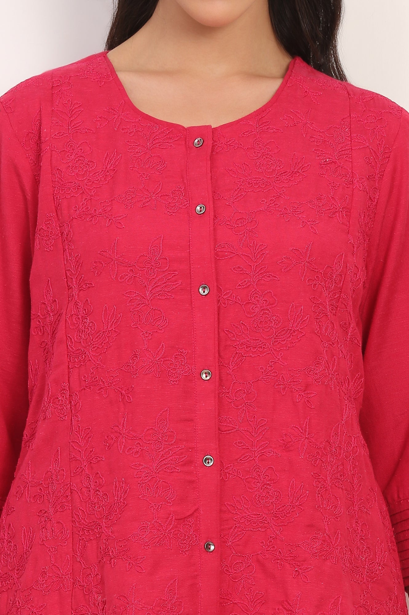 W for Woman Red Solid Embroidered Rayon Flax A-line Tunic and Straight Pants Co-ord Set