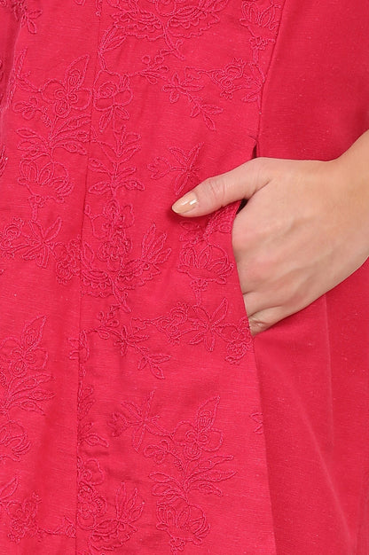 W for Woman Red Solid Embroidered Rayon Flax A-line Tunic and Straight Pants Co-ord Set
