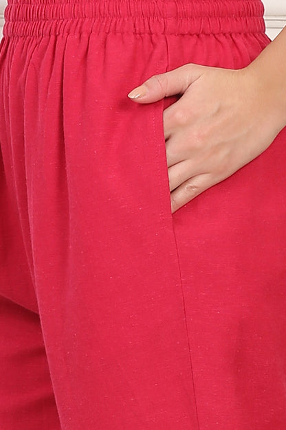 W for Woman Red Solid Embroidered Rayon Flax A-line Tunic and Straight Pants Co-ord Set