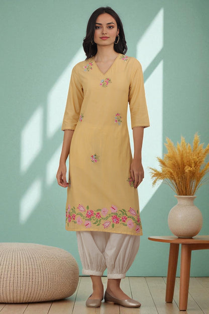 W for Woman Yellow Floral Embroidered Straight Kurta with Lace