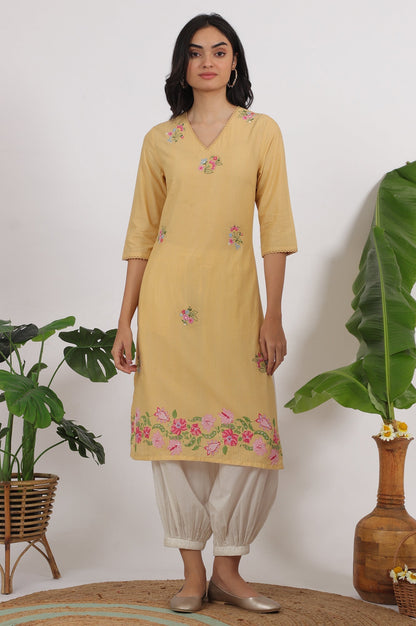 W for Woman Yellow Floral Embroidered Straight Kurta with Lace