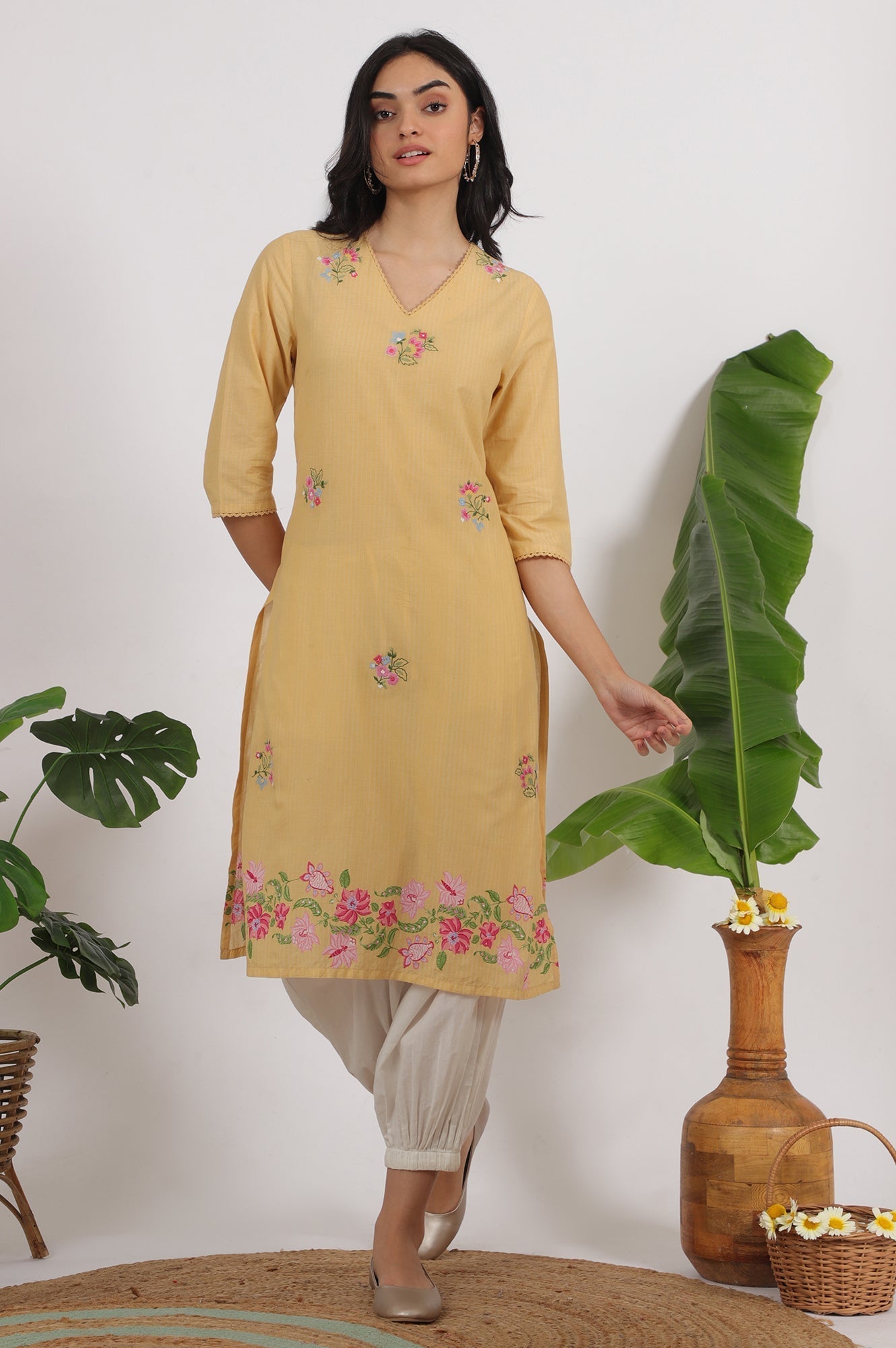 W for Woman Yellow Floral Embroidered Straight Kurta with Lace