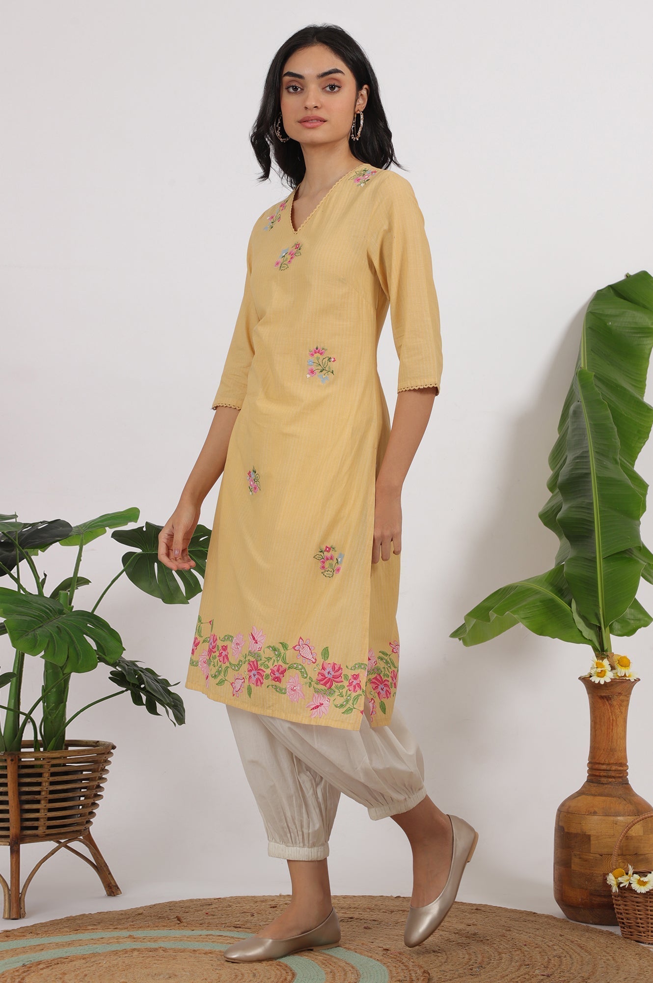 W for Woman Yellow Floral Embroidered Straight Kurta with Lace