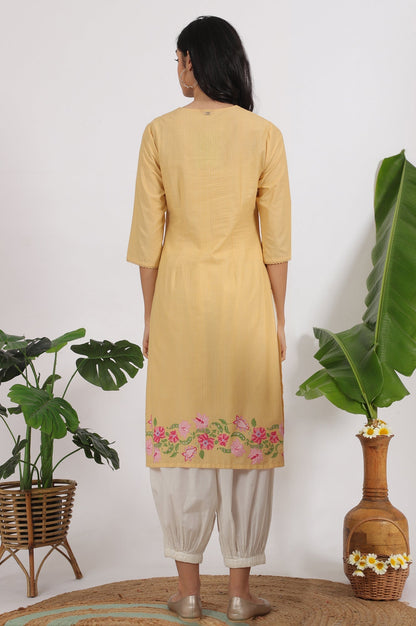 W for Woman Yellow Floral Embroidered Straight Kurta with Lace