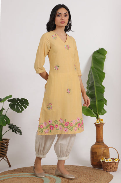 W for Woman Yellow Floral Embroidered Straight Kurta with Lace