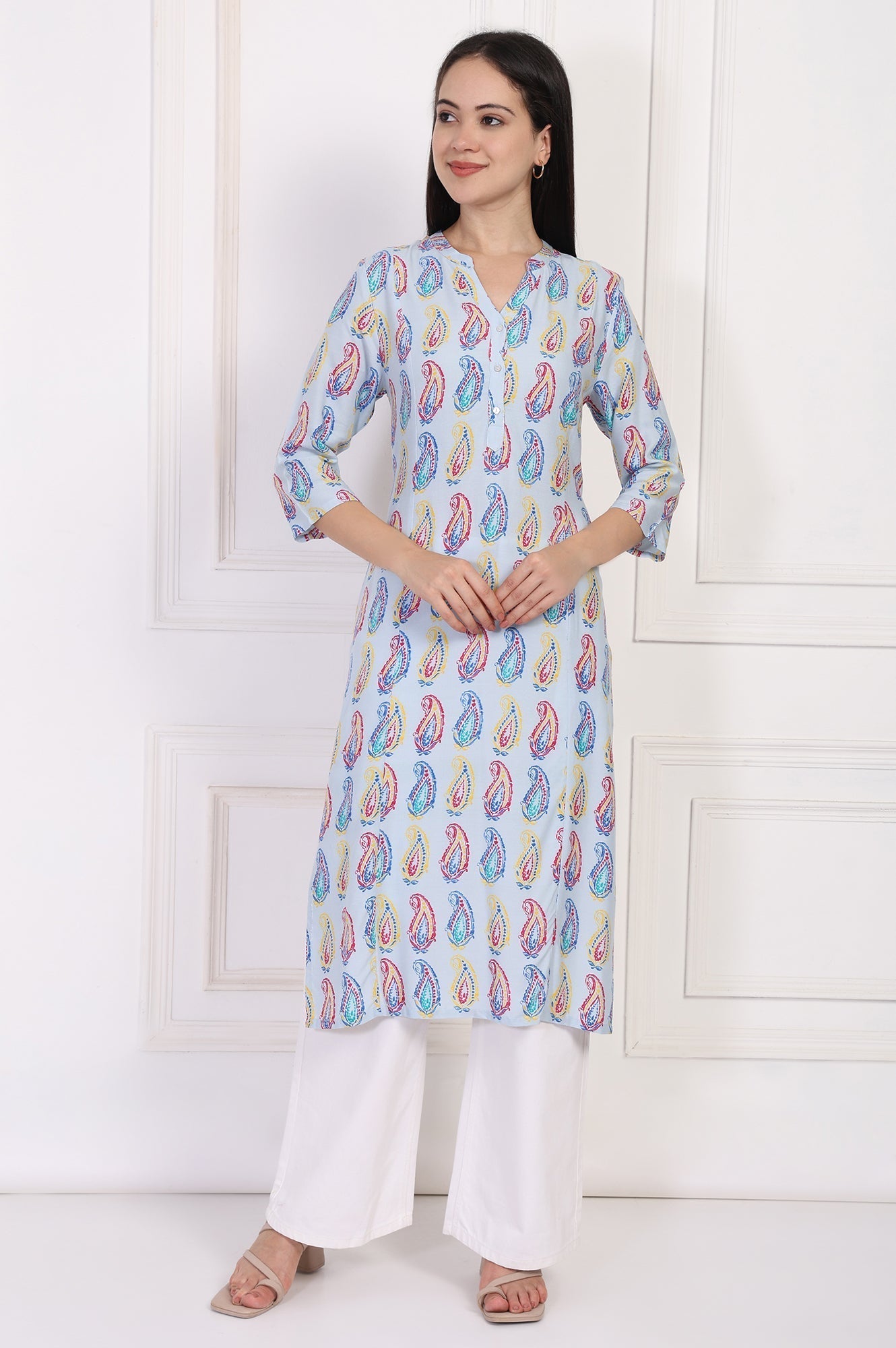 W for Woman Blue Paisley Printed Straight Rayon Kurta