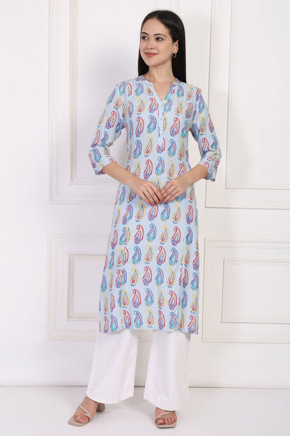 W for Woman Blue Paisley Printed Straight Rayon Kurta