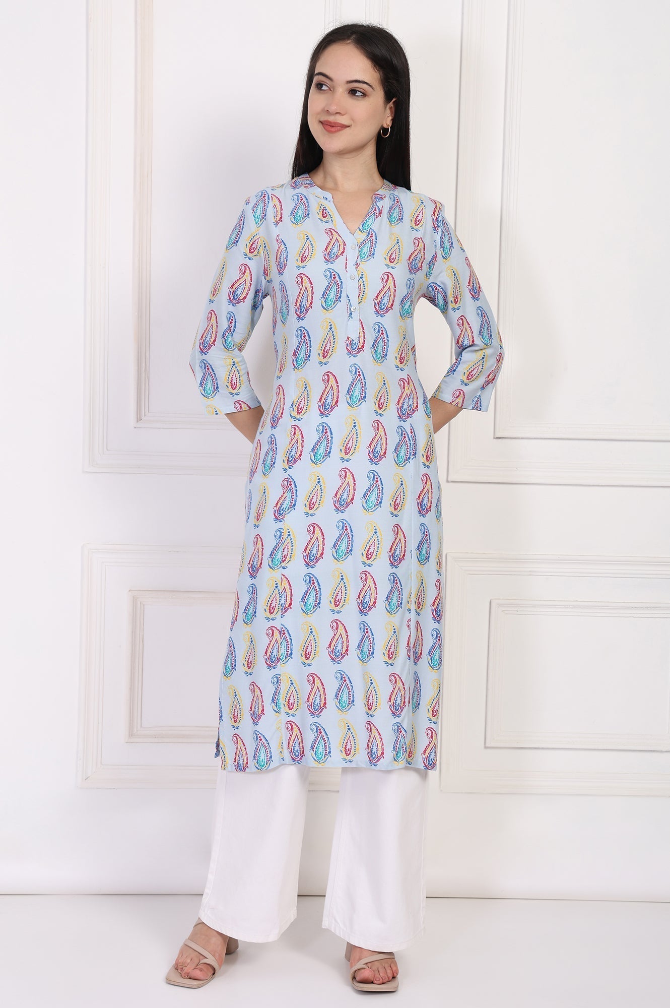 W for Woman Blue Paisley Printed Straight Rayon Kurta