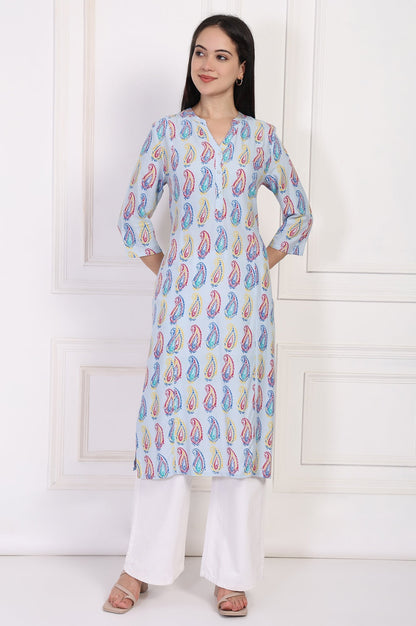 W for Woman Blue Paisley Printed Straight Rayon Kurta