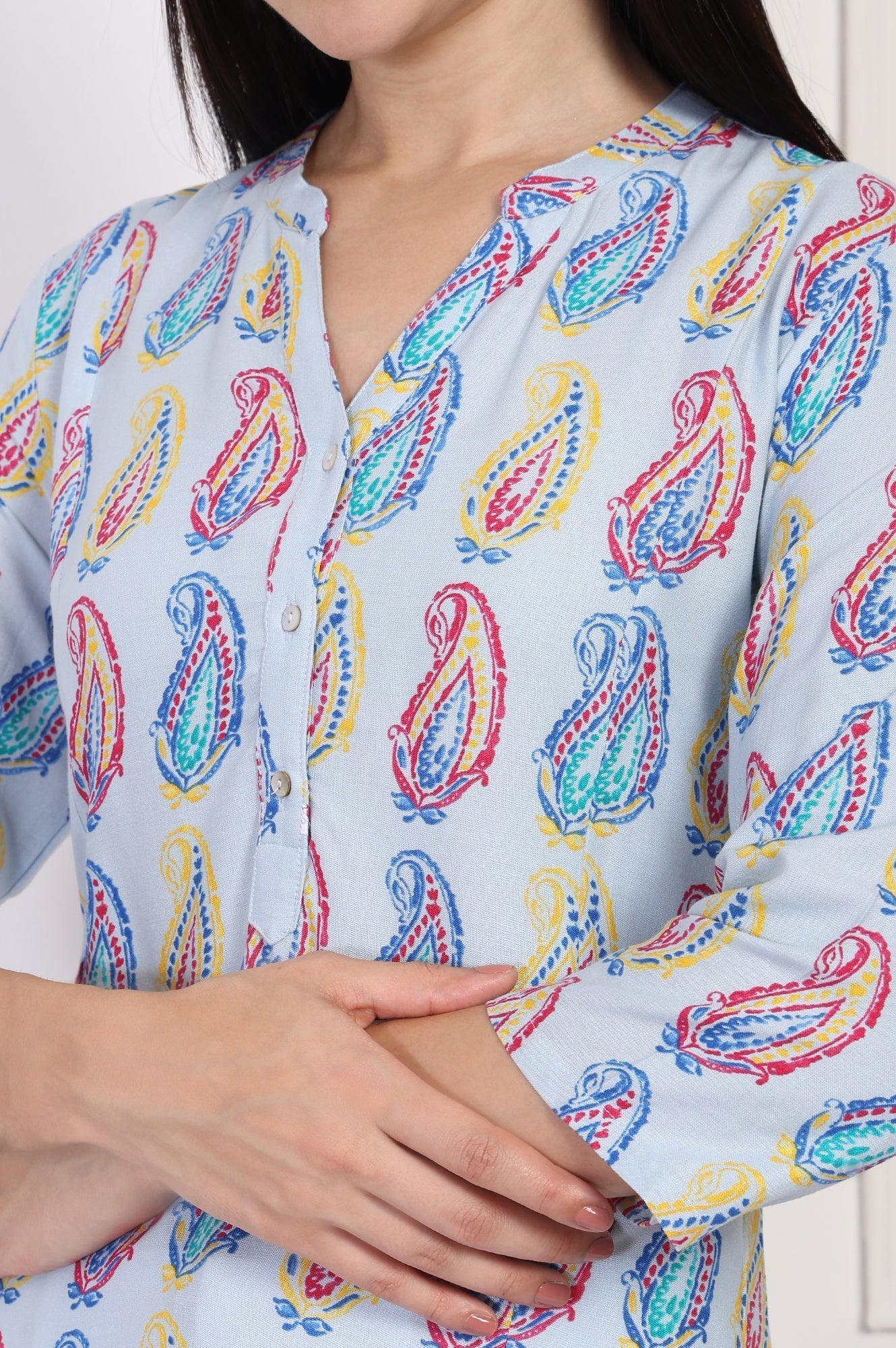 W for Woman Blue Paisley Printed Straight Rayon Kurta