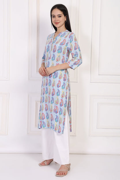 W for Woman Blue Paisley Printed Straight Rayon Kurta