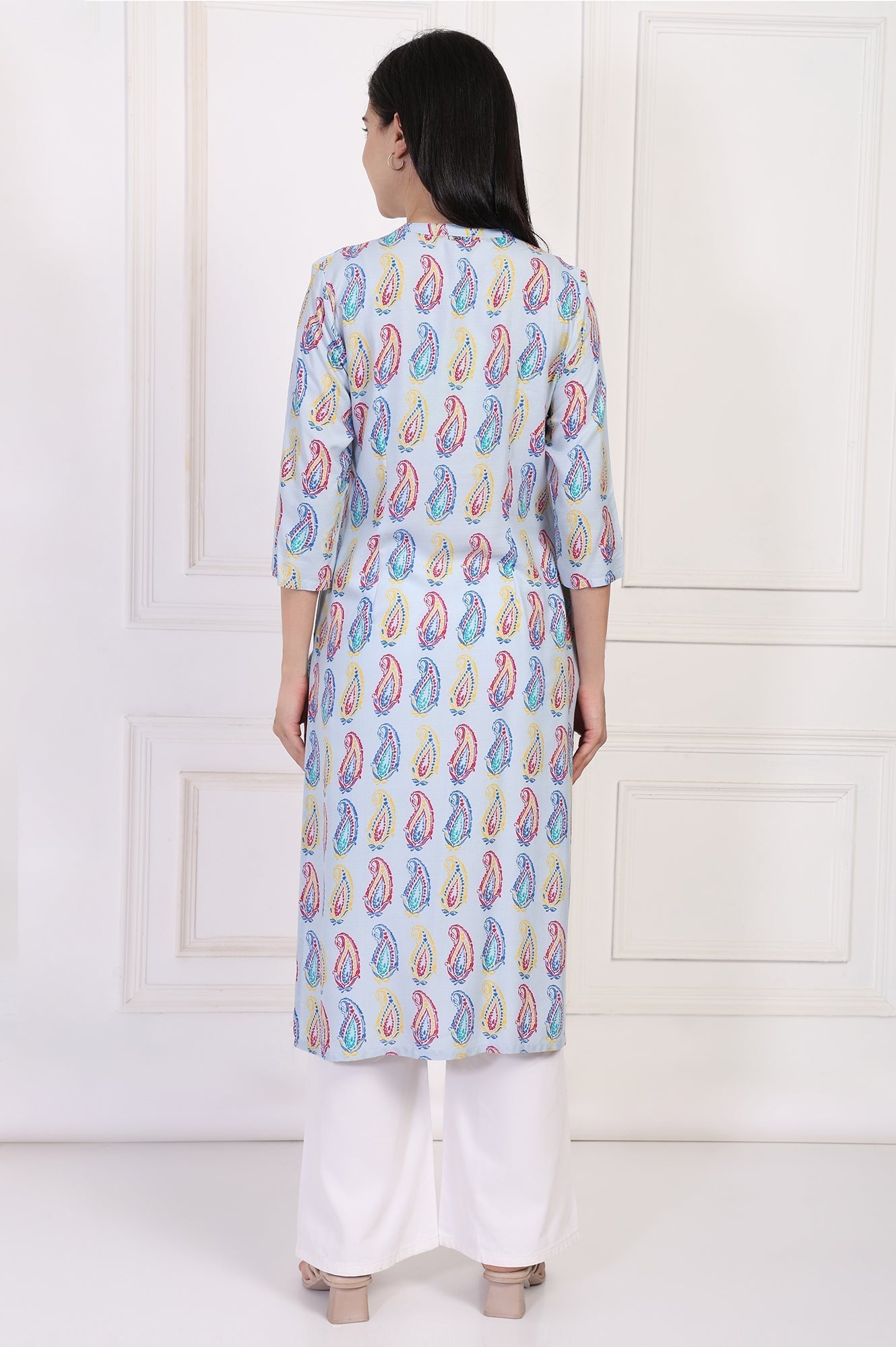 W for Woman Blue Paisley Printed Straight Rayon Kurta
