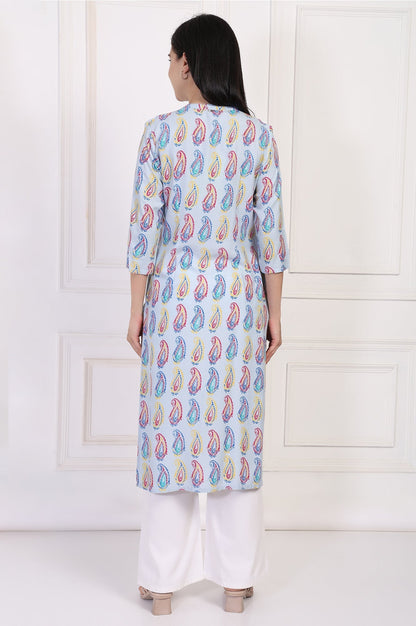 W for Woman Blue Paisley Printed Straight Rayon Kurta