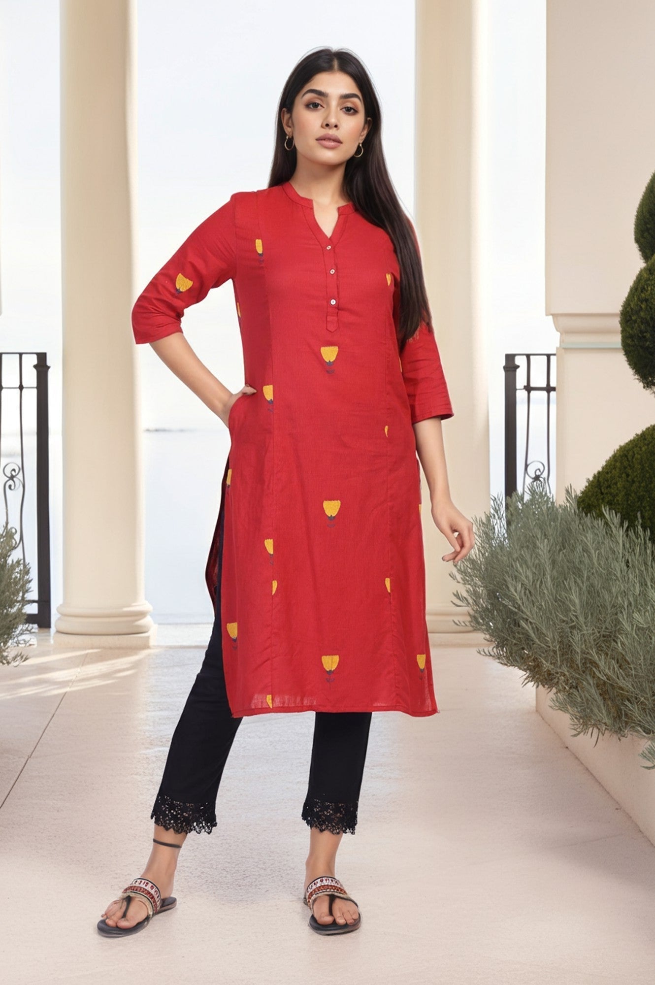 W for Woman Red Floral Printed Straight Rayon Kurta
