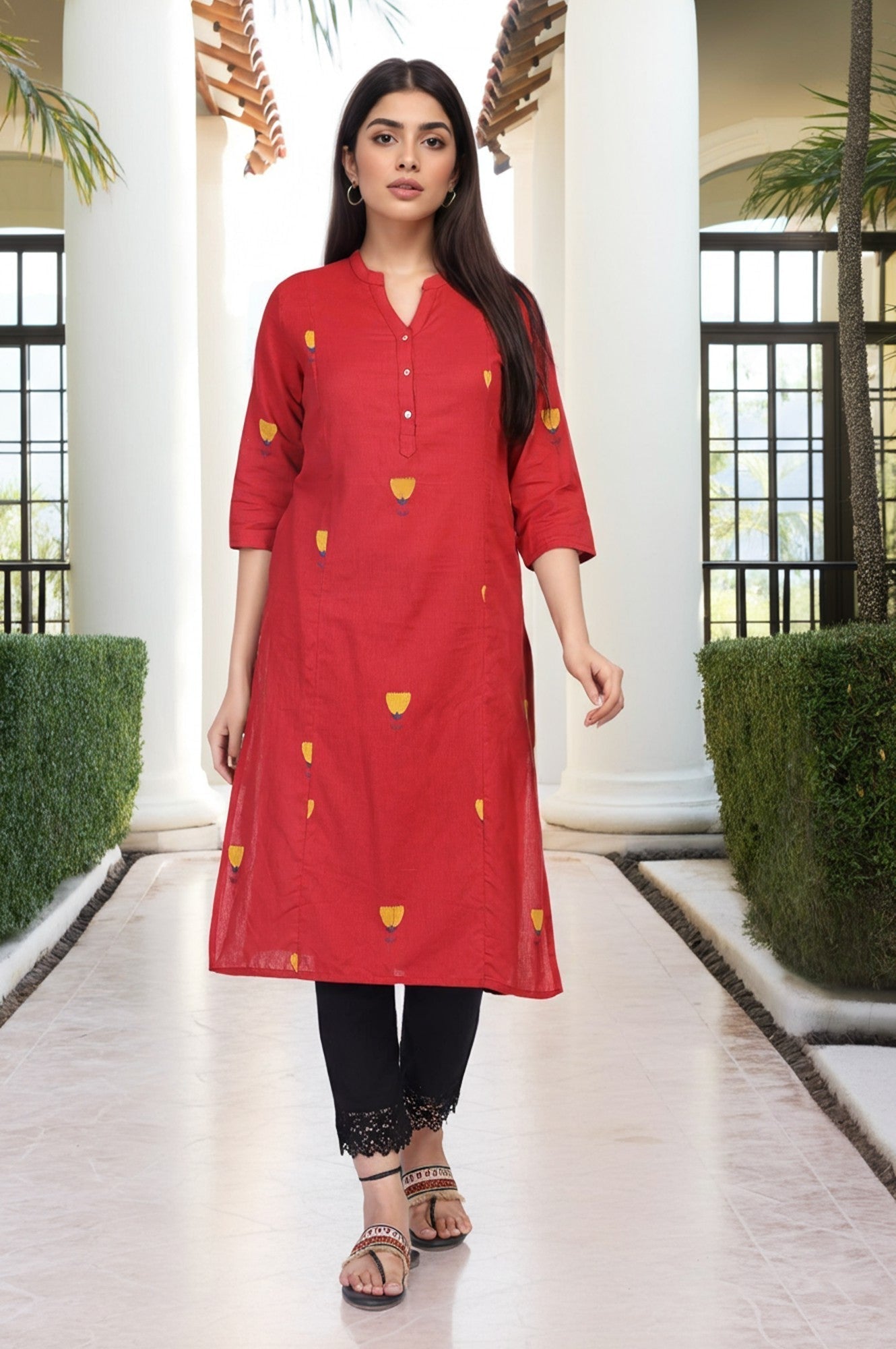 W for Woman Red Floral Printed Straight Rayon Kurta