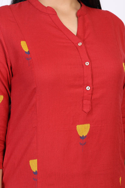 W for Woman Red Floral Printed Straight Rayon Kurta