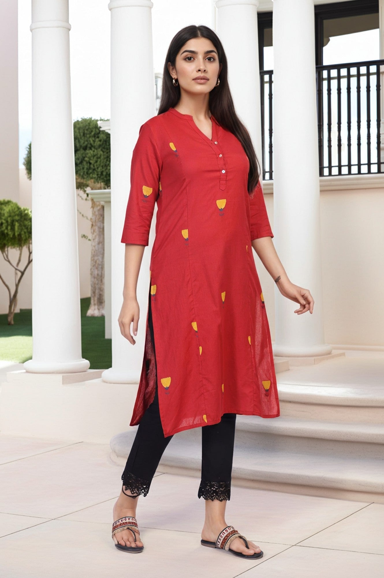 W for Woman Red Floral Printed Straight Rayon Kurta