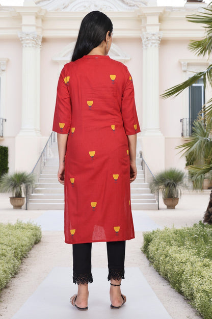 W for Woman Red Floral Printed Straight Rayon Kurta