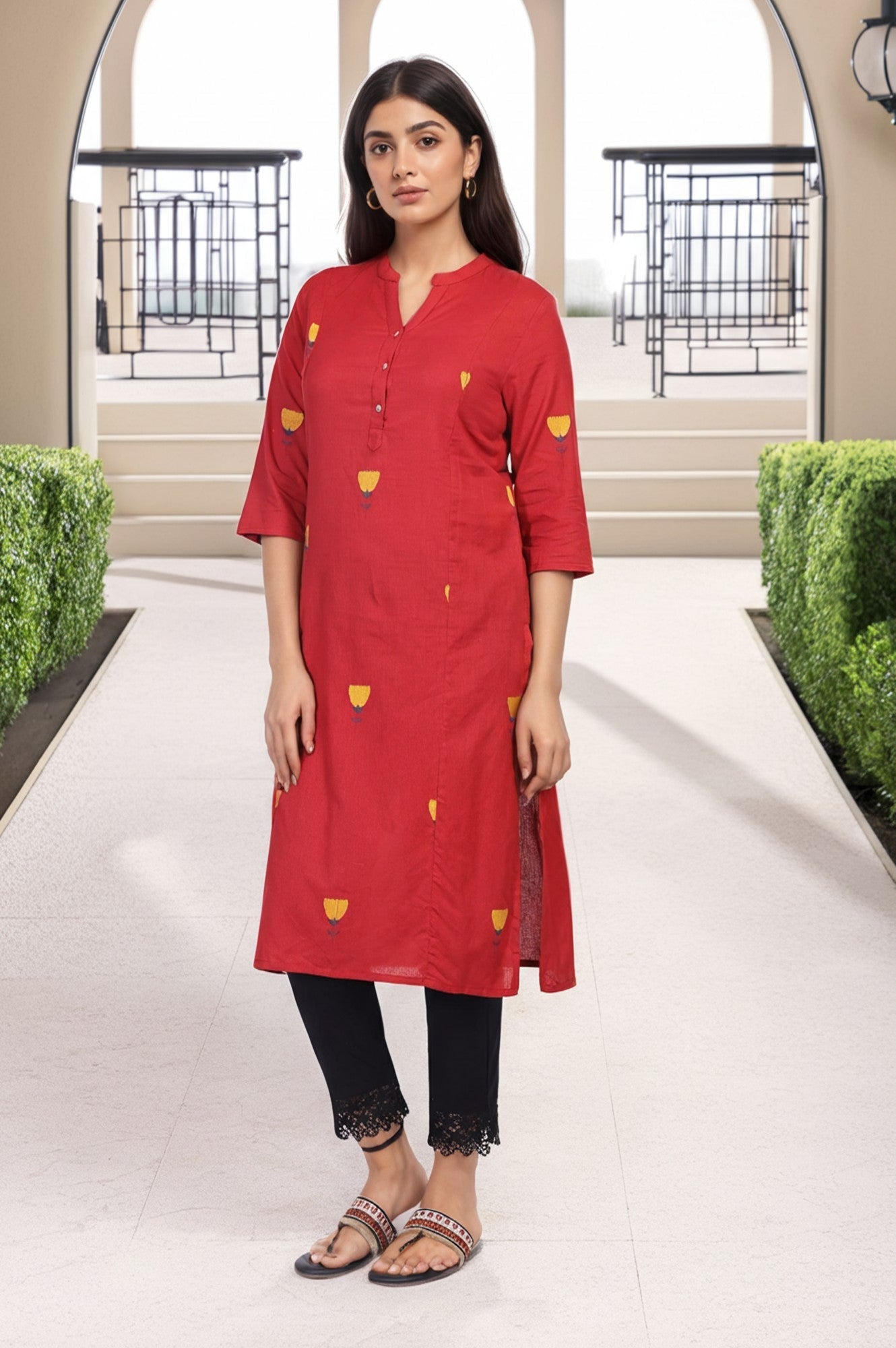 W for Woman Red Floral Printed Straight Rayon Kurta