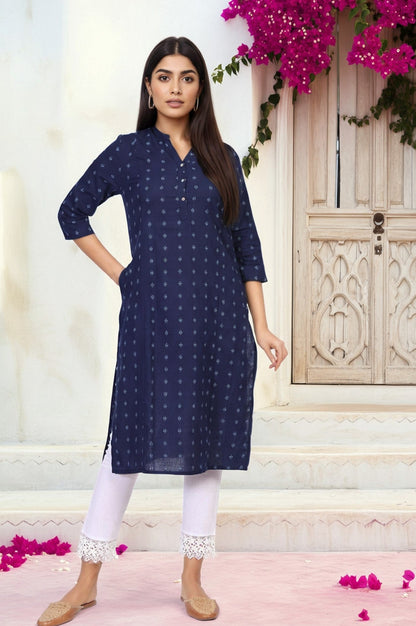 W for Woman Navy Blue Geometric Printed Straight Rayon Kurta