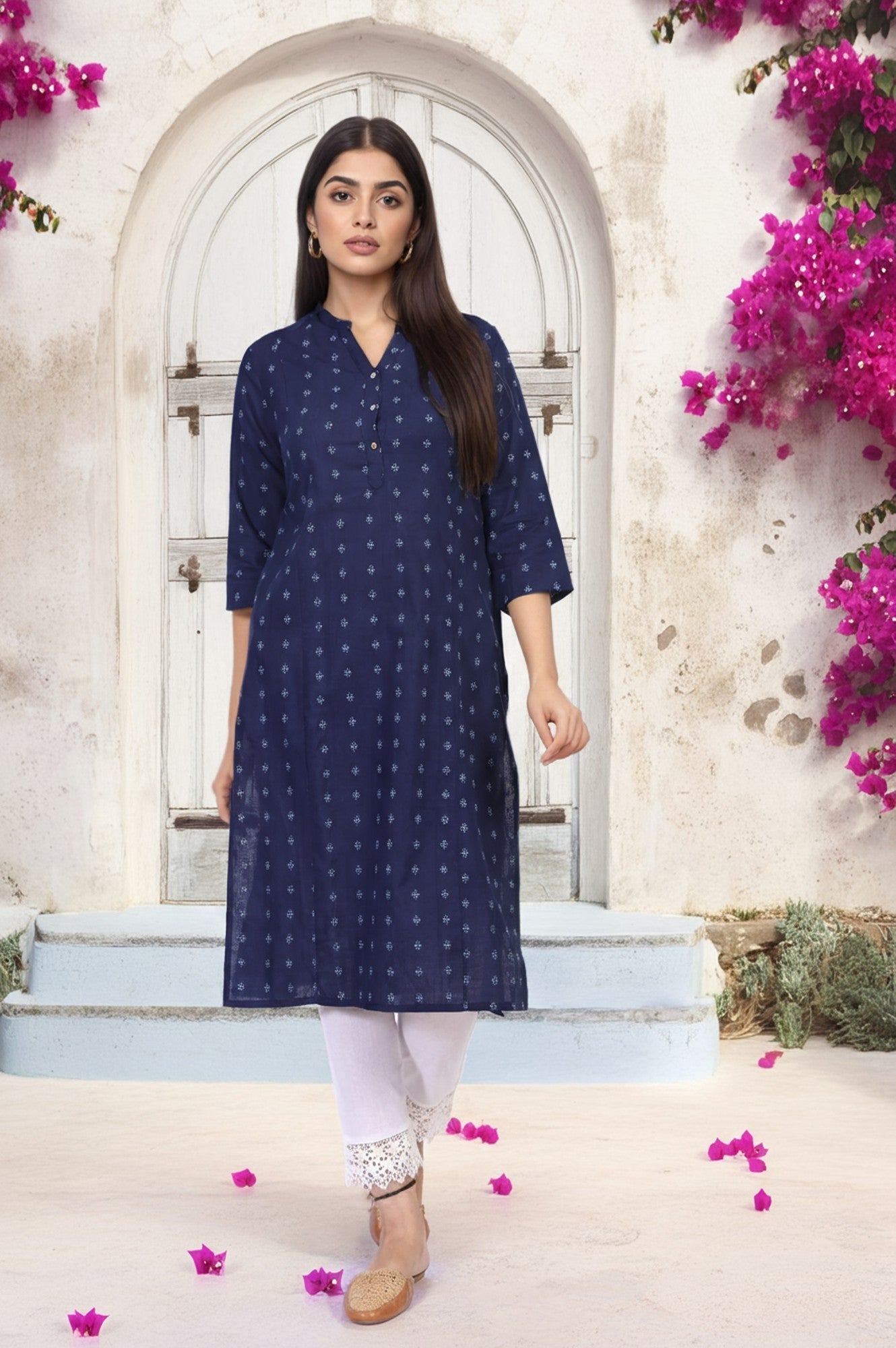 W for Woman Navy Blue Geometric Printed Straight Rayon Kurta
