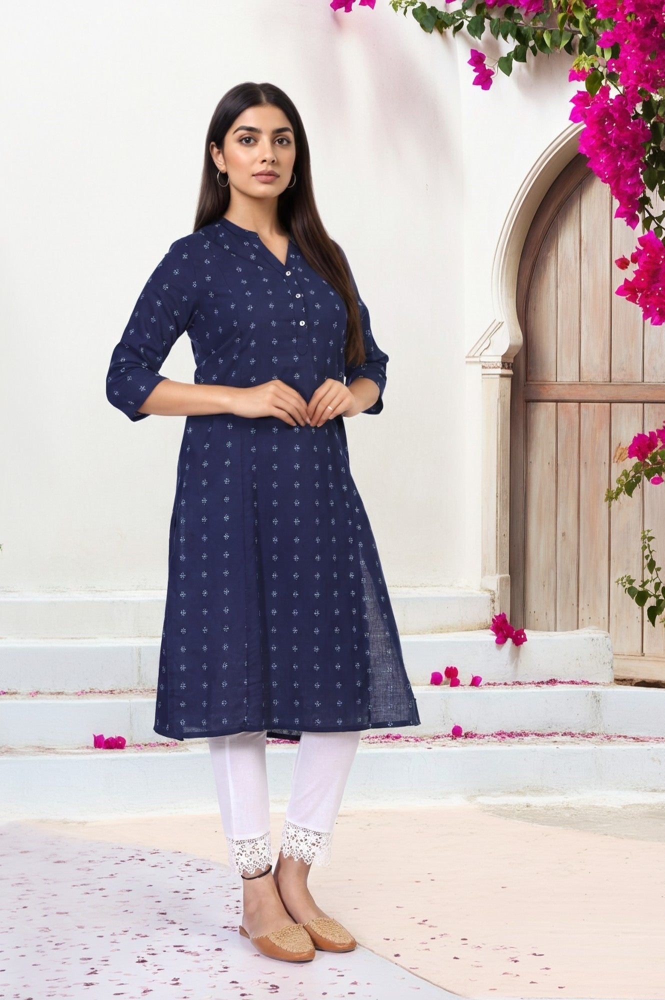 W for Woman Navy Blue Geometric Printed Straight Rayon Kurta