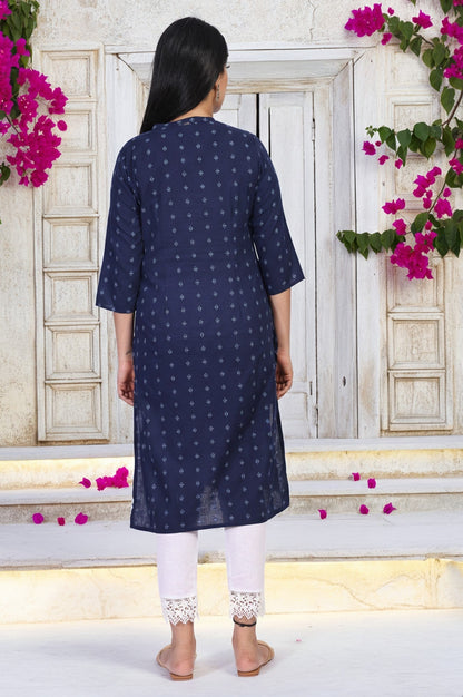 W for Woman Navy Blue Geometric Printed Straight Rayon Kurta