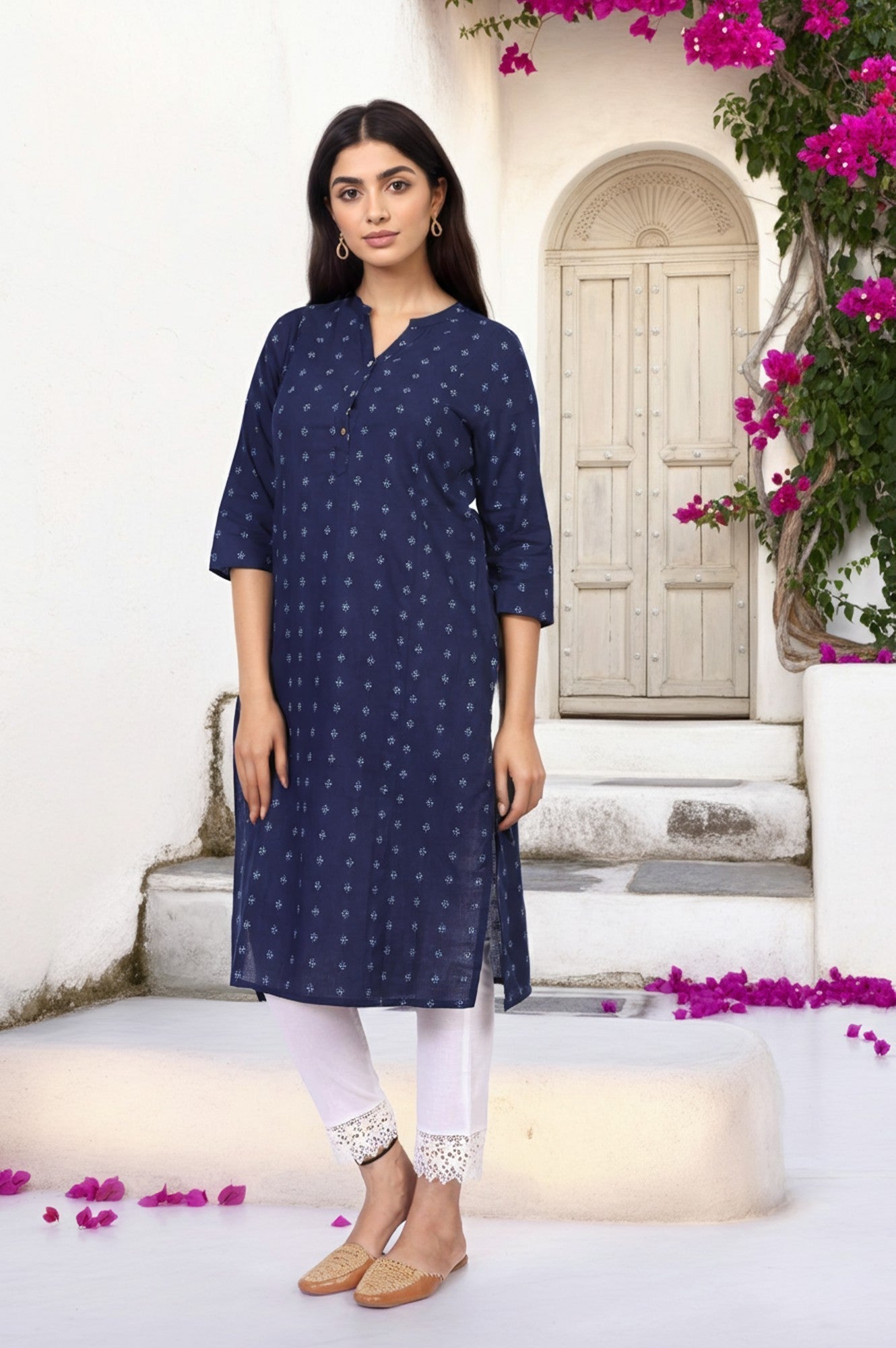 W for Woman Navy Blue Geometric Printed Straight Rayon Kurta