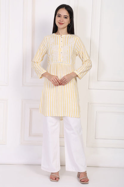 W for Woman Yellow Striped Embroidered Straight Rayon Tunic