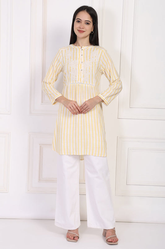 W for Woman Yellow Striped Embroidered Straight Rayon Tunic