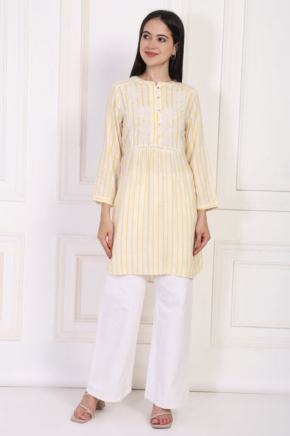 W for Woman Yellow Striped Embroidered Straight Rayon Tunic
