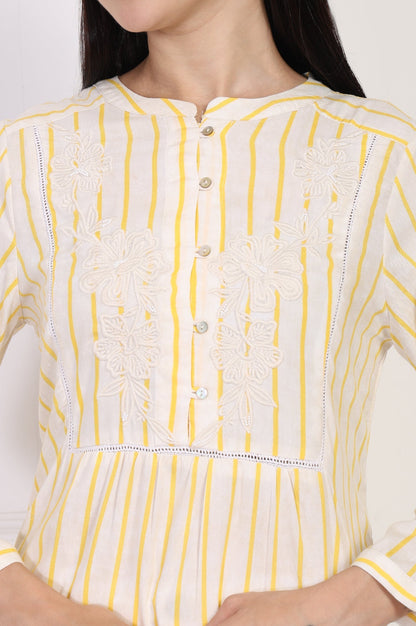 W for Woman Yellow Striped Embroidered Straight Rayon Tunic