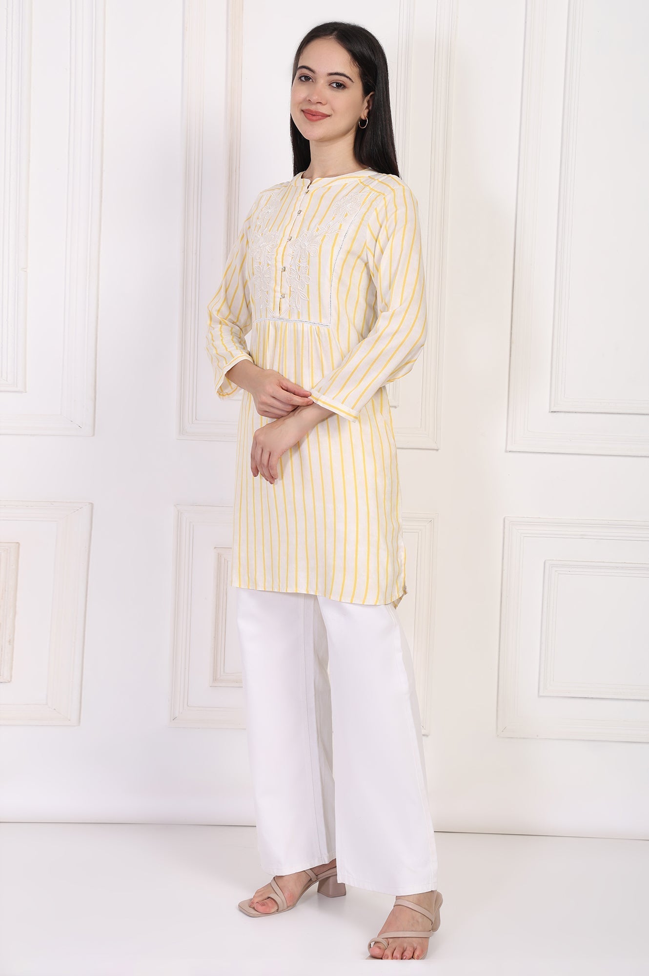 W for Woman Yellow Striped Embroidered Straight Rayon Tunic