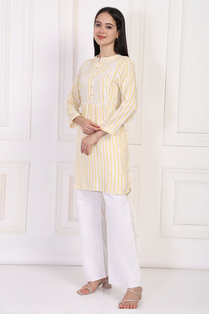 W for Woman Yellow Striped Embroidered Straight Rayon Tunic