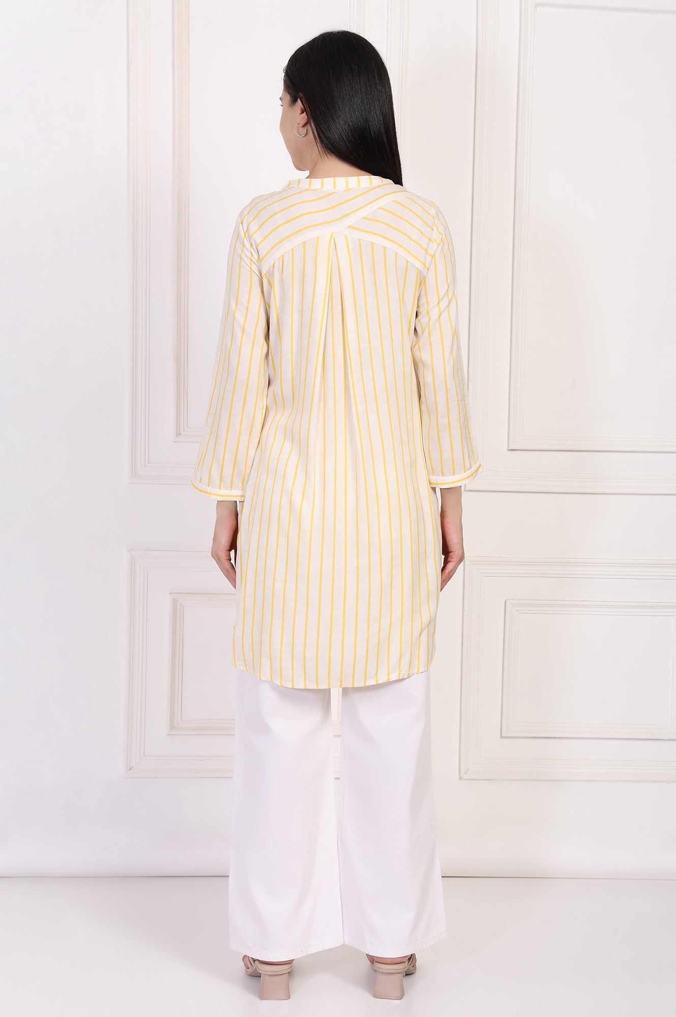 W for Woman Yellow Striped Embroidered Straight Rayon Tunic
