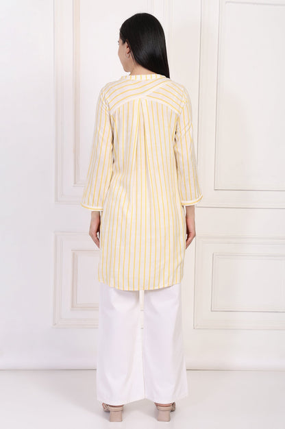 W for Woman Yellow Striped Embroidered Straight Rayon Tunic