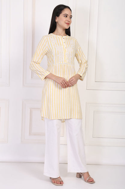 W for Woman Yellow Striped Embroidered Straight Rayon Tunic