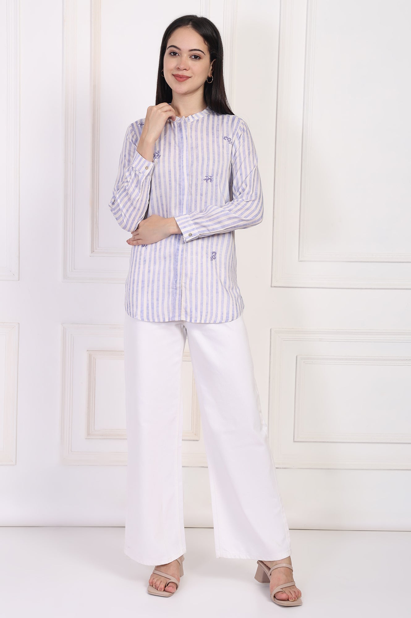 W for Woman White Striped Printed Thread Embroidered Straight Top