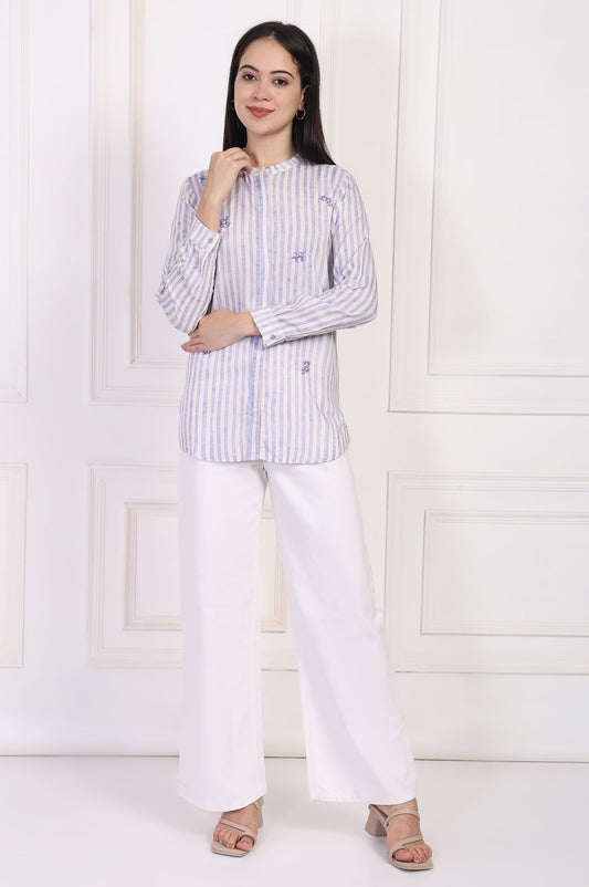 W for Woman White Striped Printed Thread Embroidered Straight Top