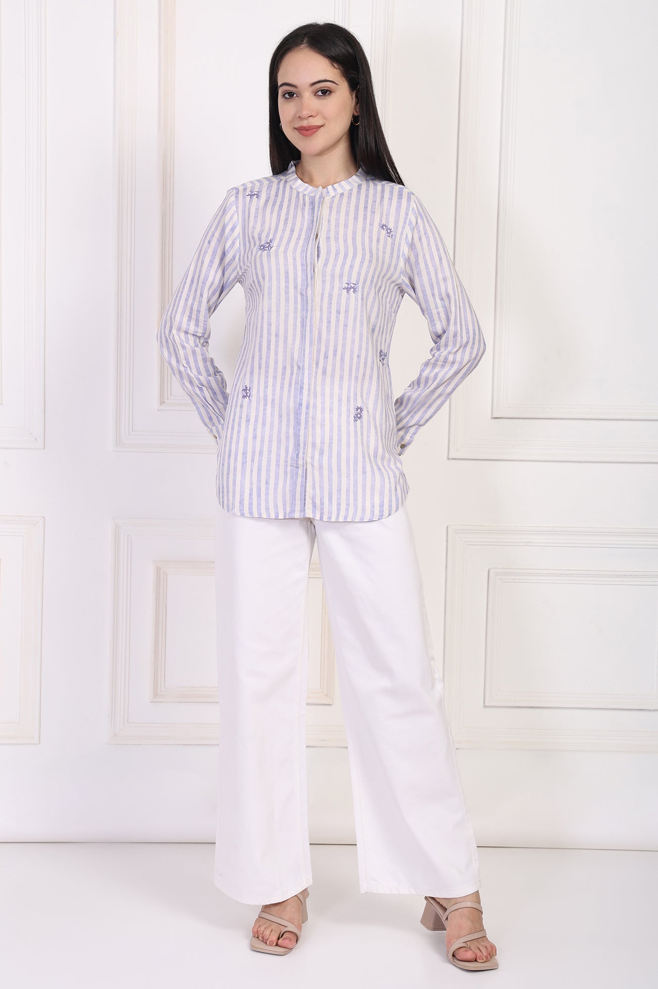 W for Woman White Striped Printed Thread Embroidered Straight Top
