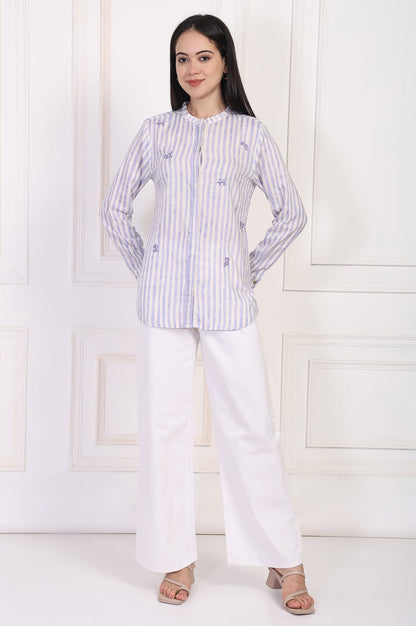 W for Woman White Striped Printed Thread Embroidered Straight Top