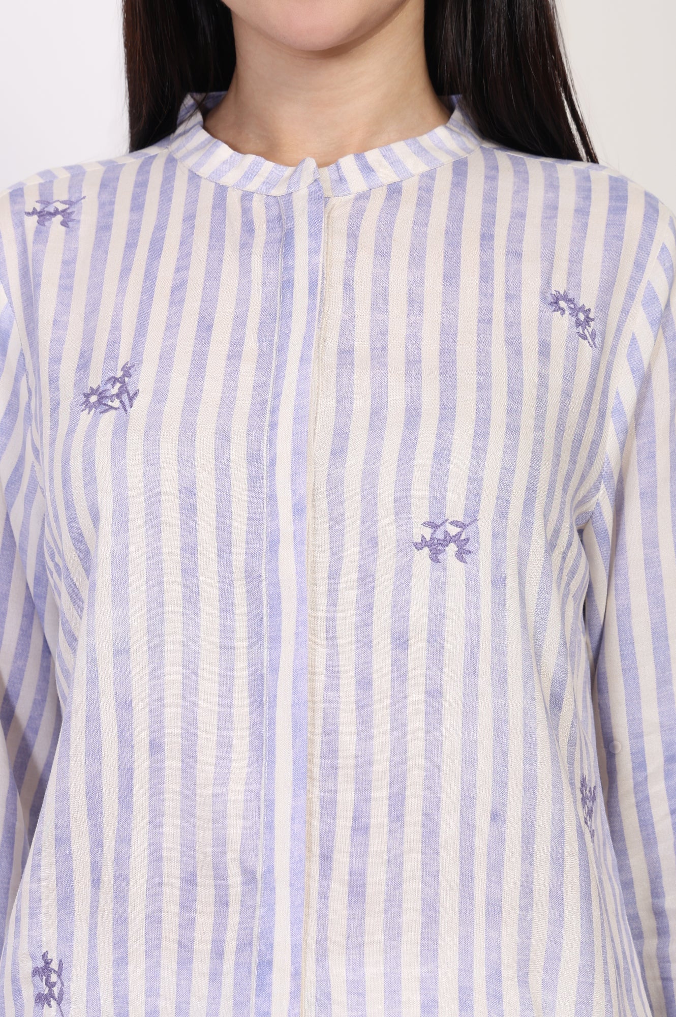 W for Woman White Striped Printed Thread Embroidered Straight Top