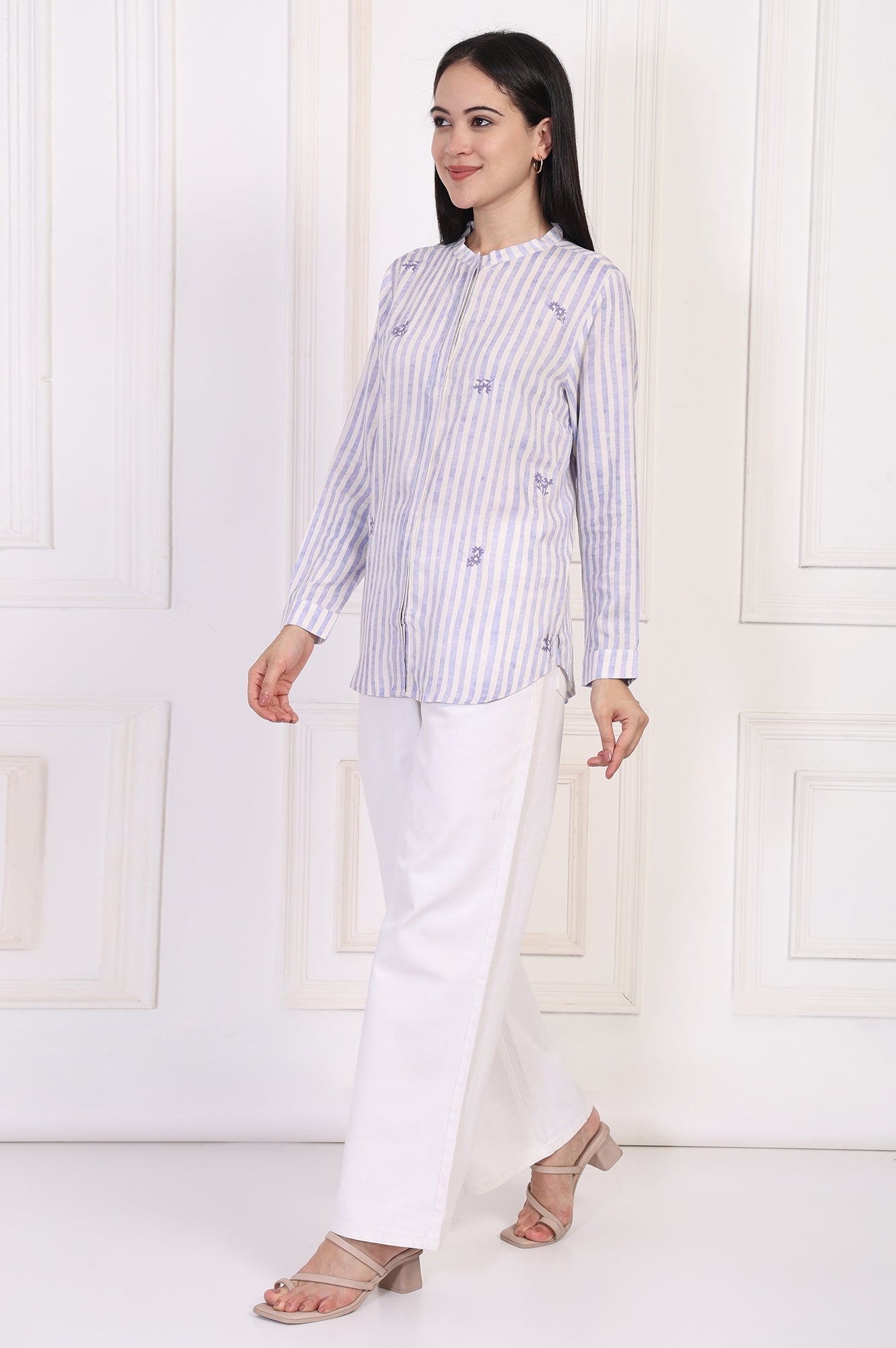W for Woman White Striped Printed Thread Embroidered Straight Top
