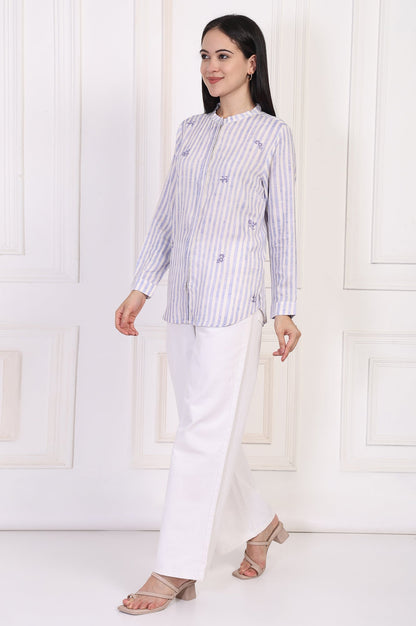 W for Woman White Striped Printed Thread Embroidered Straight Top