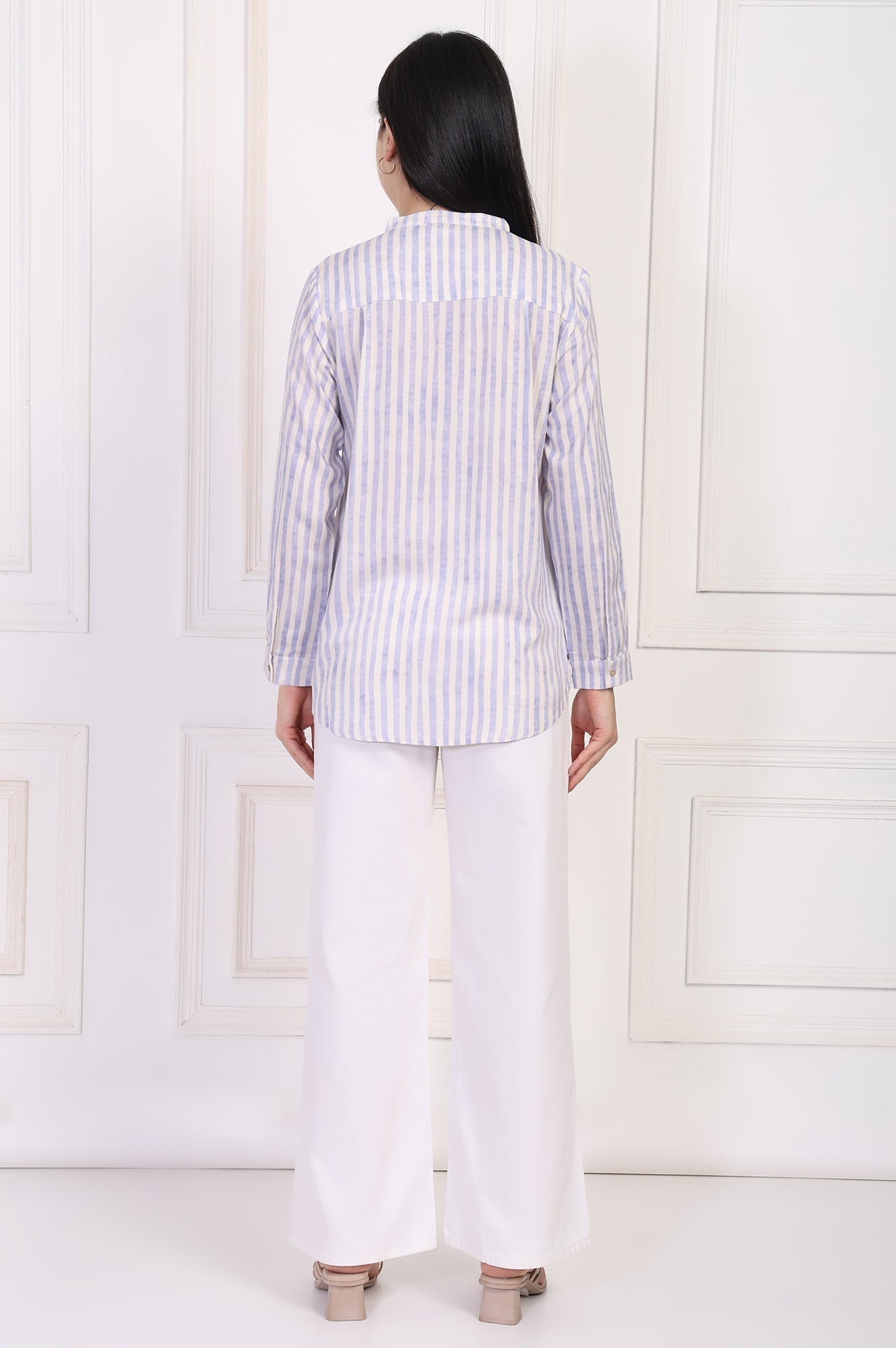 W for Woman White Striped Printed Thread Embroidered Straight Top