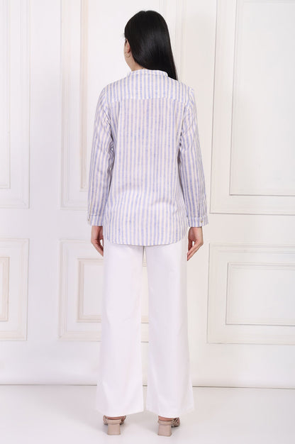 W for Woman White Striped Printed Thread Embroidered Straight Top